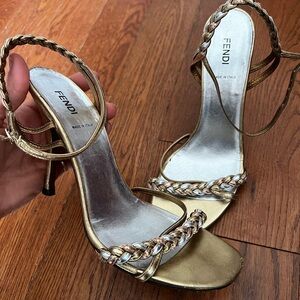 Fendi Metallic Gold Braided Strap Stiletto Sandals
